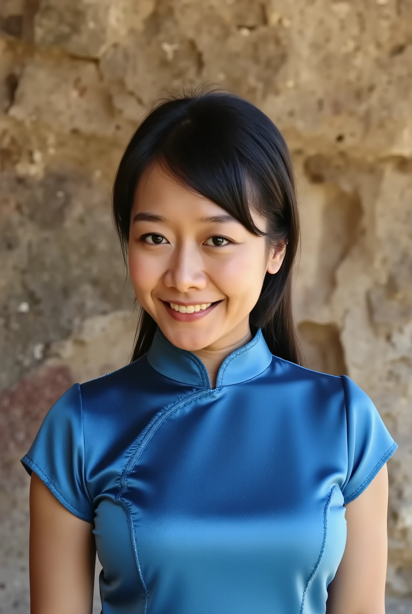 asian beauty, facing the camera, smiling,blue silk cheongsam, short sleeve, proud figure, Tyndall effect, cave murals in the background, full body close-up, Fuji film filter, octane rendering, photo-realistic style, light and shadow reflections, high image quality, high resolution, high details,