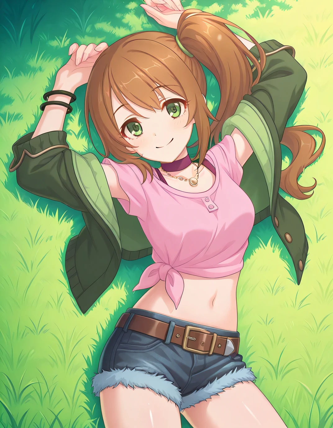 chloerealPCR, long hair, brown hair, long sleeves, navel, jewelry, green eyes, collarbone, open clothes, choker, midriff, necklace, off shoulder, side ponytail, open jacket, crop top, short shorts, denim shorts, pink shirt, green jacket, brown belt, tied shirt, cutoffs, anime screencap, shiny skin, high quality, solo, lying, on back, arms up, legs apart, closed mouth, on grass, cowboy shot, looking at viewer,  smile, best quality