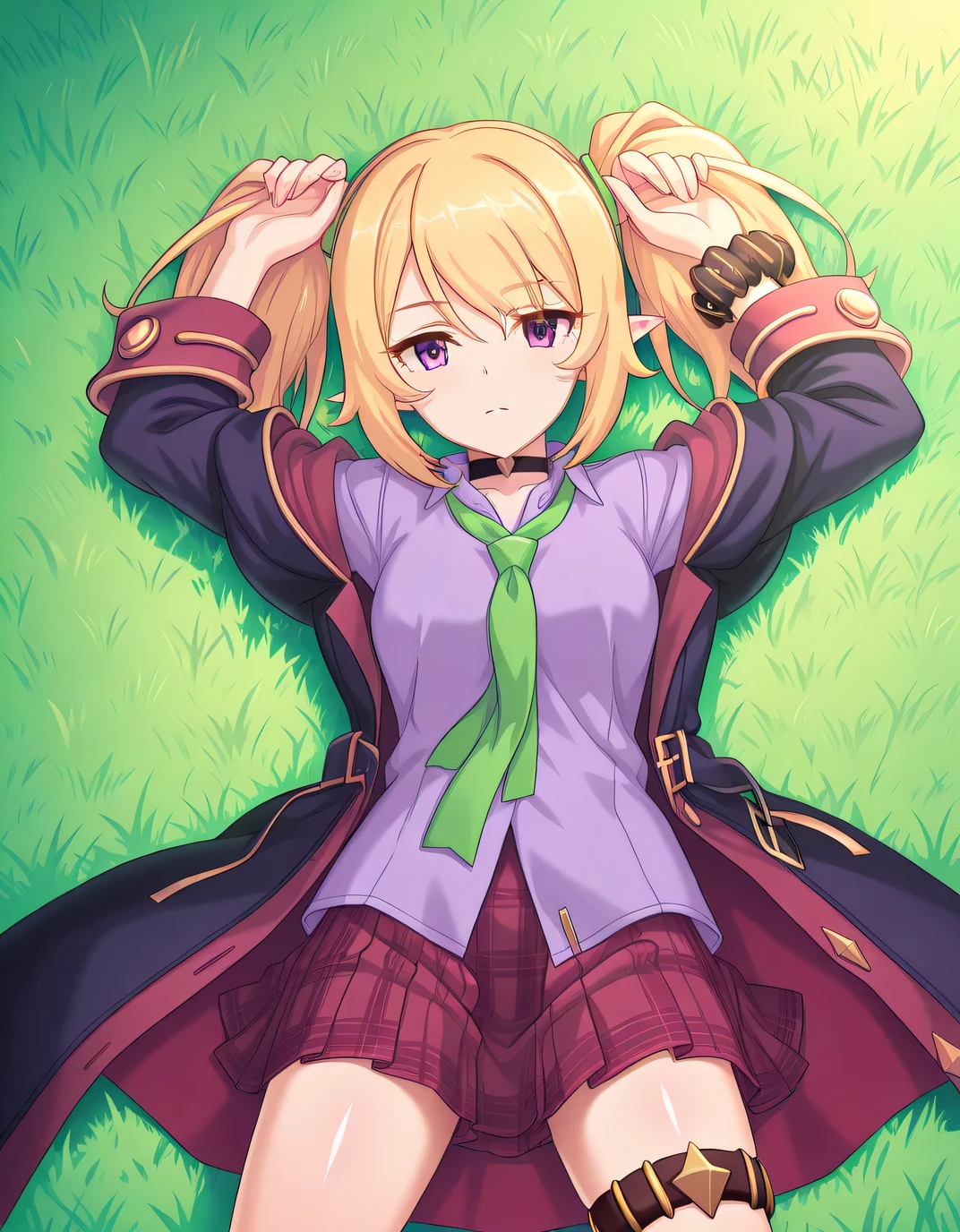 chloePCR, blonde hair, shirt, long sleeves,twintails, purple eyes, sidelocks, pleated skirt, open clothes, pointy ears, collared shirt, miniskirt, off shoulder, thigh strap, red skirt, black choker, plaid skirt, purple shirt,black coat, wrist scrunchie, green necktie, hooded coat, black scrunchie, st. theresa's girls academy school uniform, source anime, shiny skin, high quality, solo, lying, on back, arms up, legs apart, closed mouth, on grass, cowboy shot, looking at viewer, expressionless, best quality