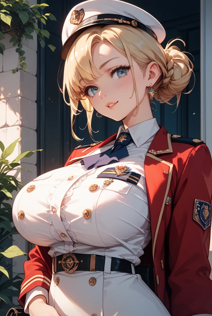 (Highest quality、Masterpiece、Very detailed、4K)、One woman、Big Breasts、17 years old、uniform、((Confident々))、smile