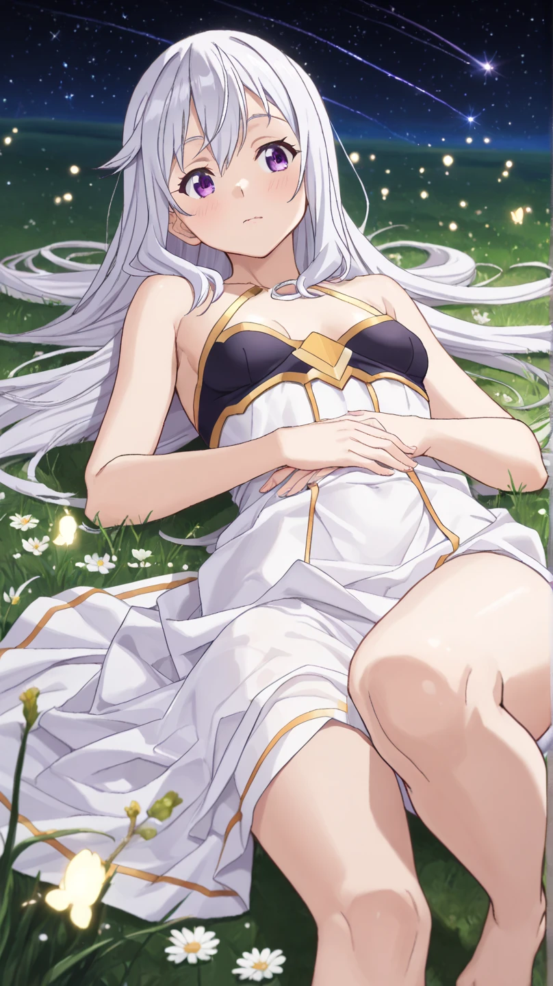 masterpiece, best quality, 1 solo girl, silver hair, purple eyes, wavy hair, long hair, medium breasts, mature body and face, white Greek tunic, jewelry, hair ornament, earrings, tatami, night sky, cowboy shots, sexy pose, dakimakura, detailed body, face, and eyes, sharp focus, vibrant, creative, dynamic, high definition, high resolution, 8k, (Upscale: R-ESRGAN 4x+ Anime6B), (Image enchance:4x), voluptuous body, lying in the bed