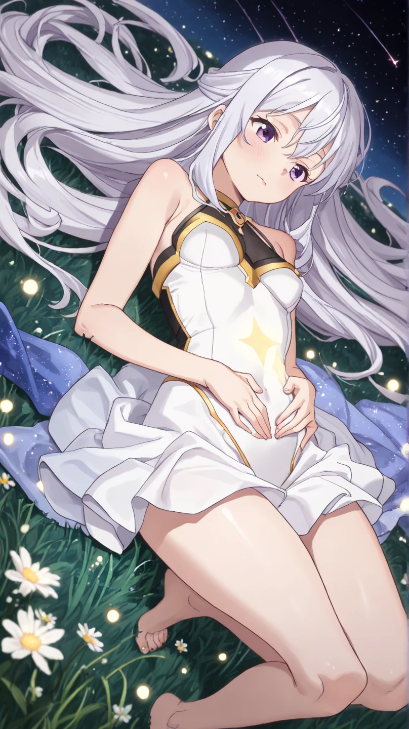 Magical girl White costume leotard Purple long hair Great style blush Embarrassed universe space