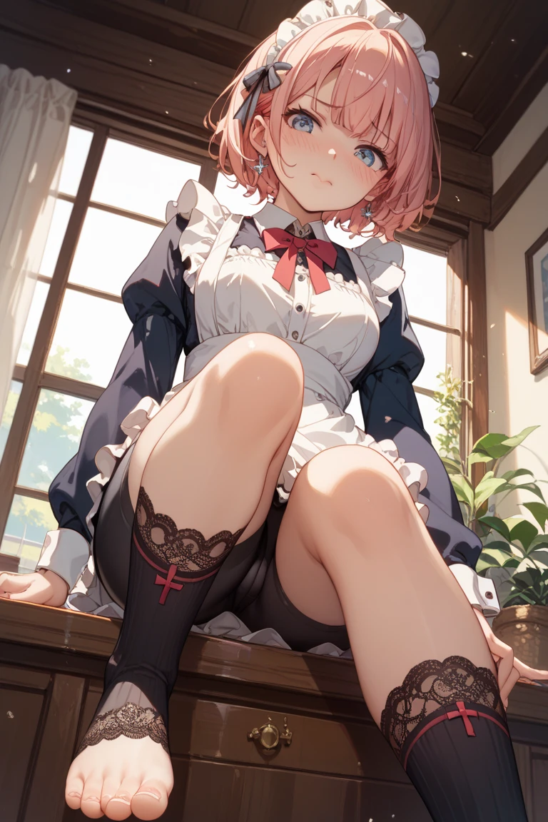 8K, A masterpiece of softcore pornography shot by Kishin Shinoyama, Bast quality,big, RAW Photos, (Ultra-thin contour lines), (1 Girl), Kana Arima, Arima Kana, Red eyes, Star-shaped highlight eye, dark red-purple hair, Short Hair, Professional Lighting, (Shiny skin: 1.2), shiny big, ((Highest quality)), Sharp focus: 1.2, Highly detailed face and skin texture, Fine grain, Perfect Face, Perfect body, Blur Art, CG, background, milk, in front (18-year-old, Cool and beautiful girl face), wear ((Frill dress)), Red gloves, thigh), blush, (Porn Cosplayer), (Camel Toe, White panties), Gravure idol style table, She rolled up her skirt to avoid the heat、I sat on the desk with my knees raised.。., My favorite girl, Browsing Caution, 