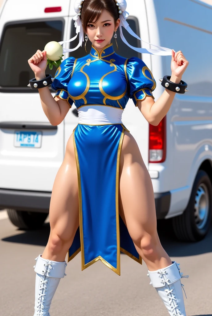 Masterpiece, 8k, ultrahd, 1girl, double bun hair, white cheongsam, blue spandex legging, butt to camera