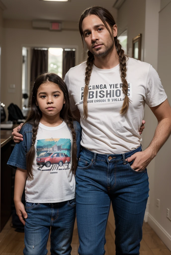 Dad with a mustache and cap and his daughter with long hair
