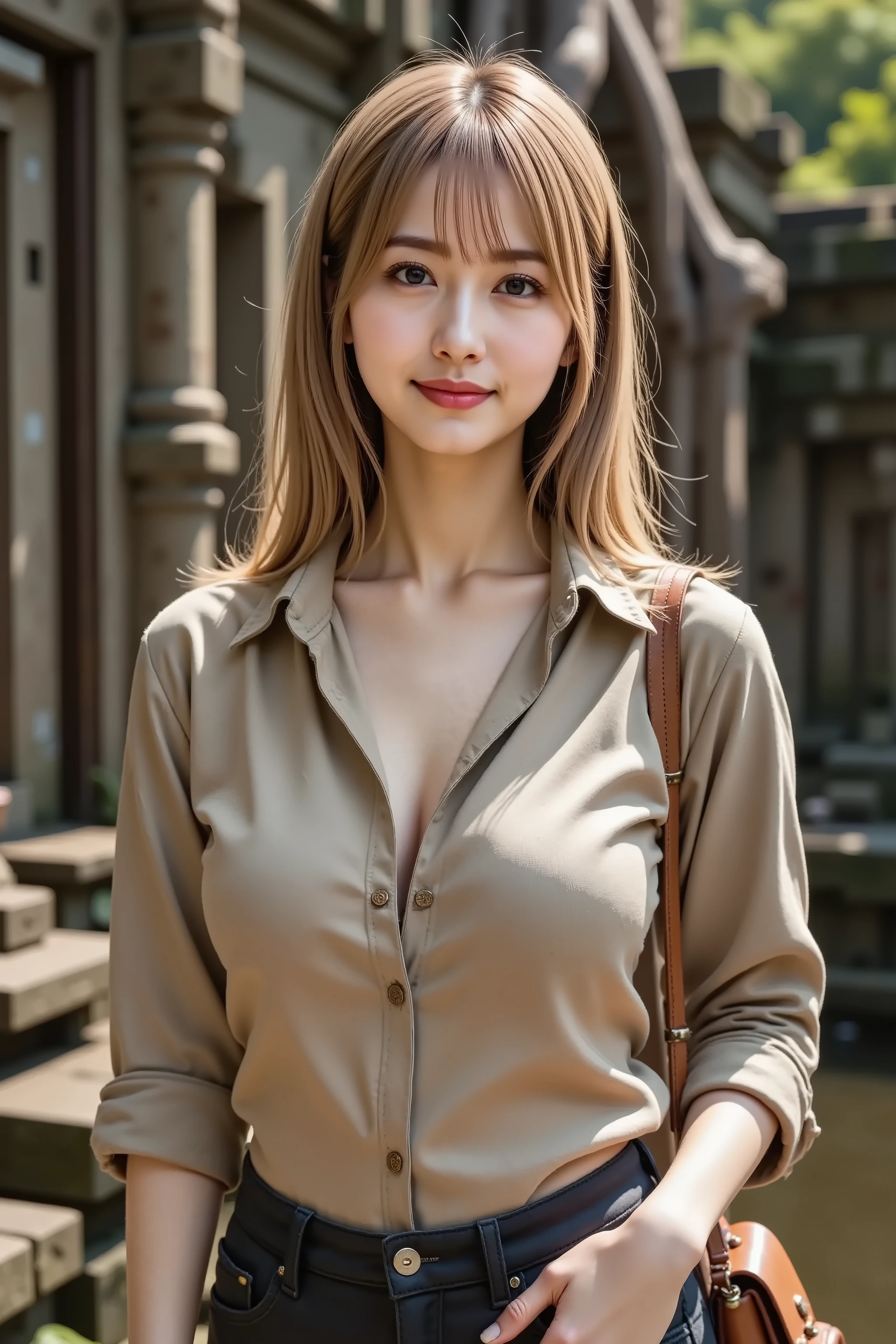 Catherine,hair styled in aplatinum blonde, gold hair, professional photography, masterpiece, high resolution, an upper body portrait of a 20-year-old adventurous Japanese woman with an excited smail of discovery, standing before a massive, ancient temple wall overrun with giant tree roots, reminiscent of Ta Prohm in Cambodia. She has delicate Japanese facial features, a soft angular jawline, high cheekbones, a small refined nose, and bright, curious eyes. Her skin has a light sheen of perspiration from the humid jungle climate, with realistic texture and a touch of dirt on her cheek. Her long, straight hair is slightly messy, held back from her face by a simple headband. She wears a practical, V-neck khaki explorer's shirt, unbuttoned at the top to cope with the heat, revealing her voluptuous, ample bust and a deep, visible cleavage, paired with dark cargo shorts. A leather satchel is slung across her body. The composition is a professional travel portrait, aspect ratio 2:3, conveying a sense of adventure and awe. Shot on a Canon EOS R5 with an 85mm lens at f/3.2, ISO 400, and 1/125s shutter speed, creating a shallow depth of field that separates her from the intricately detailed stone carvings and massive roots behind her. The lighting is filtered jungle sunlight, piercing through the dense canopy above to create dramatic shafts of light and deep, mysterious shadows, highlighting the texture of the stone and her features. The color palette is dominated by earthy greens and stone grays, with the warm light adding a touch of gold. The level of detail is hyperrealistic, capturing the weathered texture of the ancient stones, the gnarled patterns of the tree roots, the weave of her khaki shirt, and authentic skin details. The mood is adventurous, awestruck, and an authentic moment of exploration.
