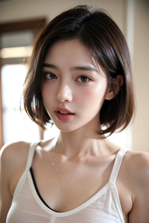 A beautiful girl with short brown hair wearing a white crop top