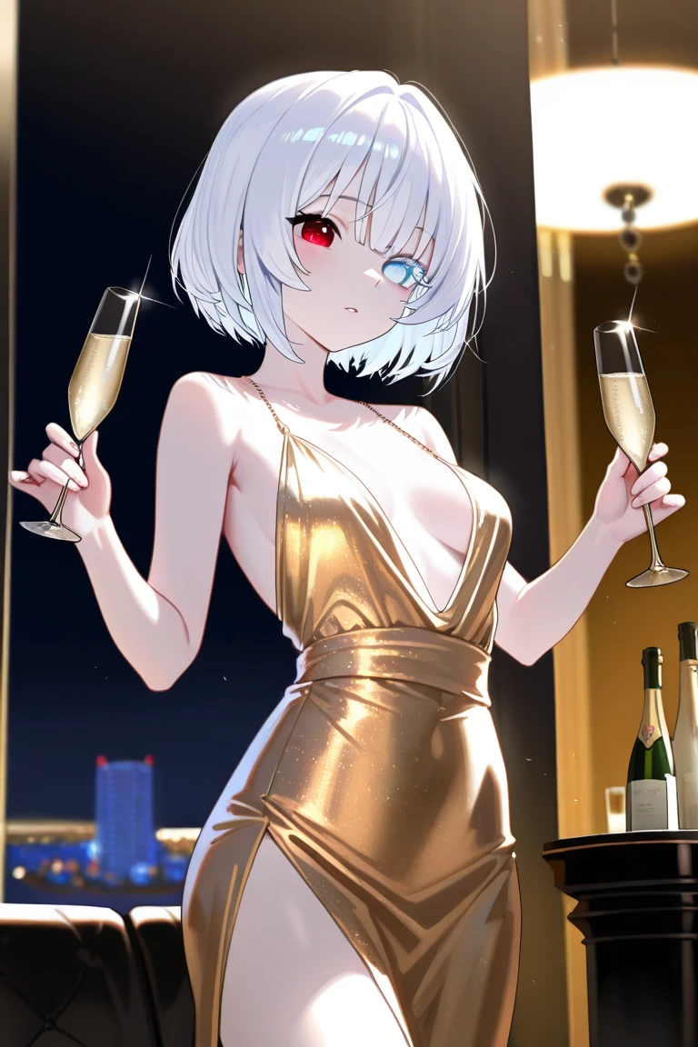 ((((masterpiece, best quality, high resolution)))), 1girl, white hair, red eyes, short wavy hair, average breasts, blush, light smile, parted lips, glow, thighs, bare shoulders, collarbone, narrow waist, cleavage, (beautiful detailed face, beautiful detailed eyes), (revealing clothes:1.0), (breasts curtain, sideboobs, plunging neckline, gold dress, backless satin mini dress, high slit cut, revealing, silver necklace, hair ornament, earrings), night sky, night light, fancy jazz bar, golden glittery dress