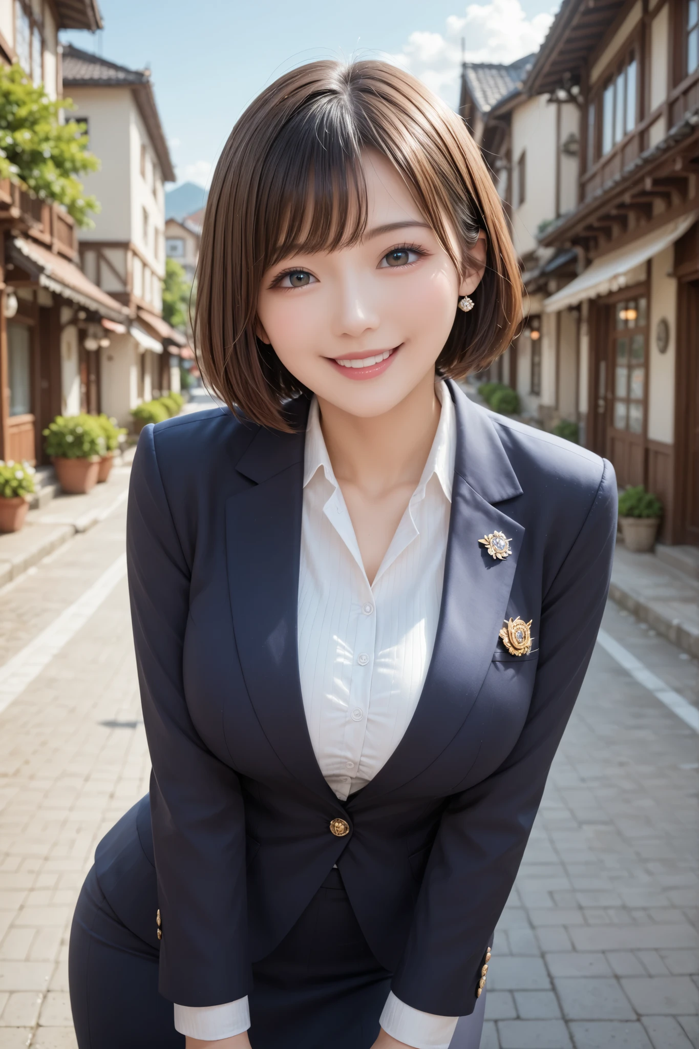 score_9 , score_8_up , score_7_up , super detailed , BREAK Complete Anatomy , 32K , masterpiece , top quality , super high definition , BEAUTIFUL FACE AND EYE DETAILS , Beautiful Japanese Woman Placing Her Hand Outside , brown hair , invalid , Smile , Steam , Suit , blazer after face , modern style fitted jacket included , Tight skirt and tights , turn your hands back , Big breasts , beautiful girl leaning forward , From a viewpoint , viewers , Town , SHORT BOB ,