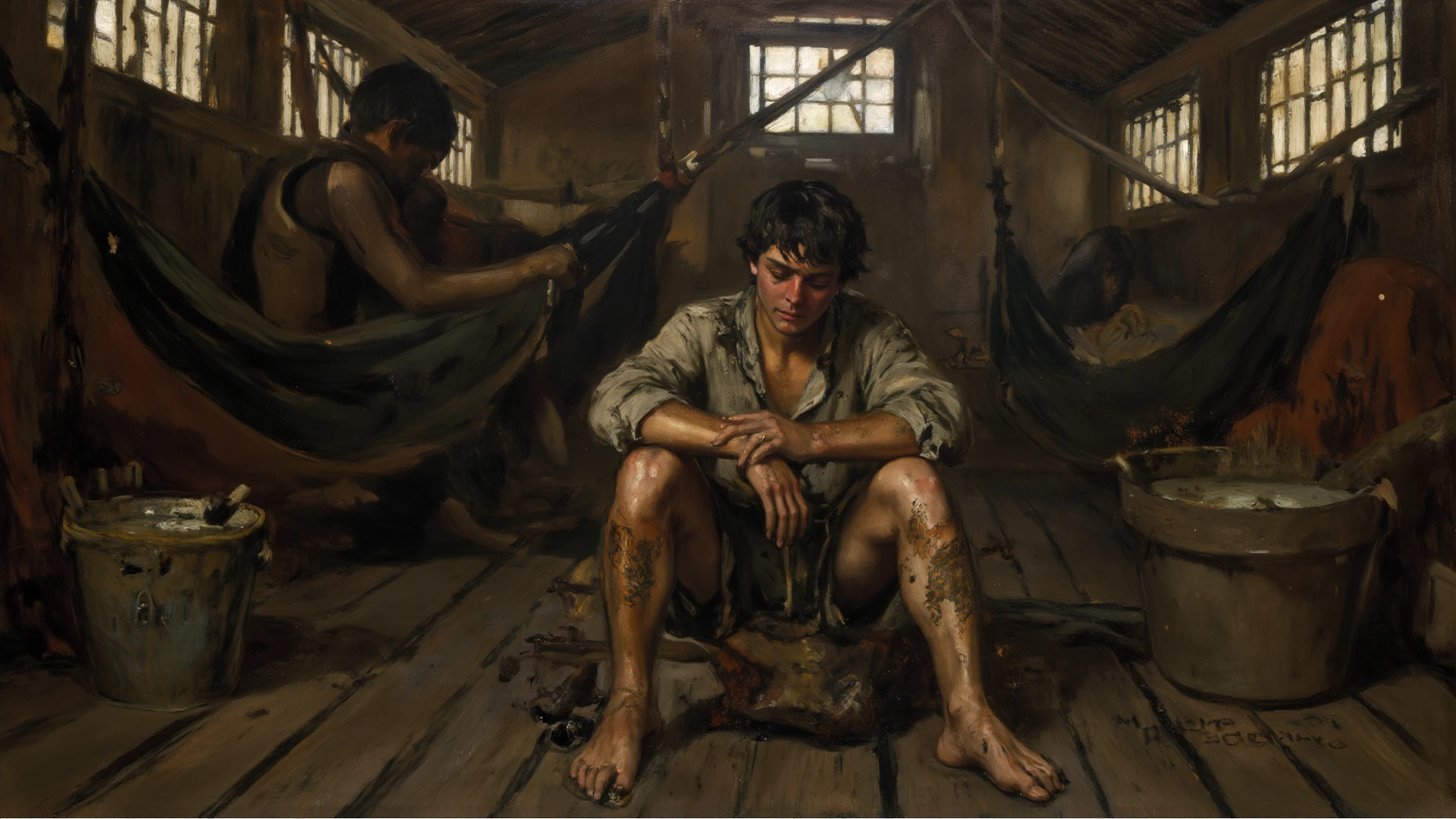 there is a man sitting on the floor with two buckets, erwin olaf, dirk dzimirsky, sergey zabelin, victor antonov, alexey egorov, nadav kander, sergey krasovskiy, highly conceptual figurative art, sebastian kruger, alejandro, maxim sukharev, marat zakirov, samurai man wrapped in chains