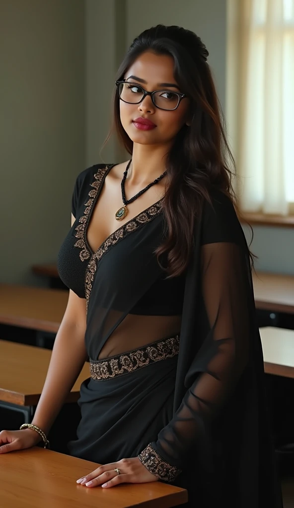 cinematic medium close up portrait of an alternative young sexy indian girl, (((looks like kareena kapoor))), indian sexy teacher:1.30, city mom, 22 years old, indian teacher, ((bbw:1.40)), black hair, big ass, massive breasts, big boobs, (short hair:1.37, novastyle messy straighthair), Women Sexy teacher clothes, yellow transparent see through buttoned shirt with black bra underneath , too buttons are open, boobs resting on the table, sitting on a chair | Sexy Women Tops| Long Sleeve Tops, sexy smile, Key light, backlight, natural lighting, photography 400 ISO film grain 30mm lens RAW aperture f1.8, art photographer, movie still poster from Lord of the Rings, medium intricate print, choker, (((hands on chest:1.40)))