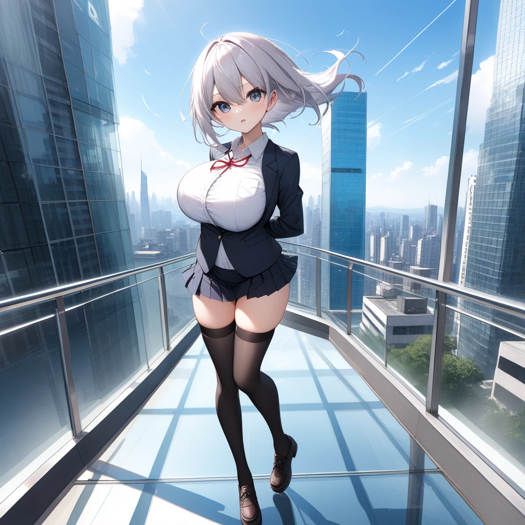 nsfw, solo, 1 naked skinny girl standing, swinging back, narrow shoulders, arms behind back, (bouncing huge breasts), bouncing unaligned breasts, short torso, narrow waist, skinny very long legs, tiptoe, BREAK, necktie, black thighhighs, stiletto heels, BREAK, nose blush, (orgasm), (heavy breathing), (pussy juice dripping down between thighs), BREAK, (cheerful smile for viewer), open mouth, BREAK, landscape, glass-walled skyscrapers in distance, blue sky, outside hallway