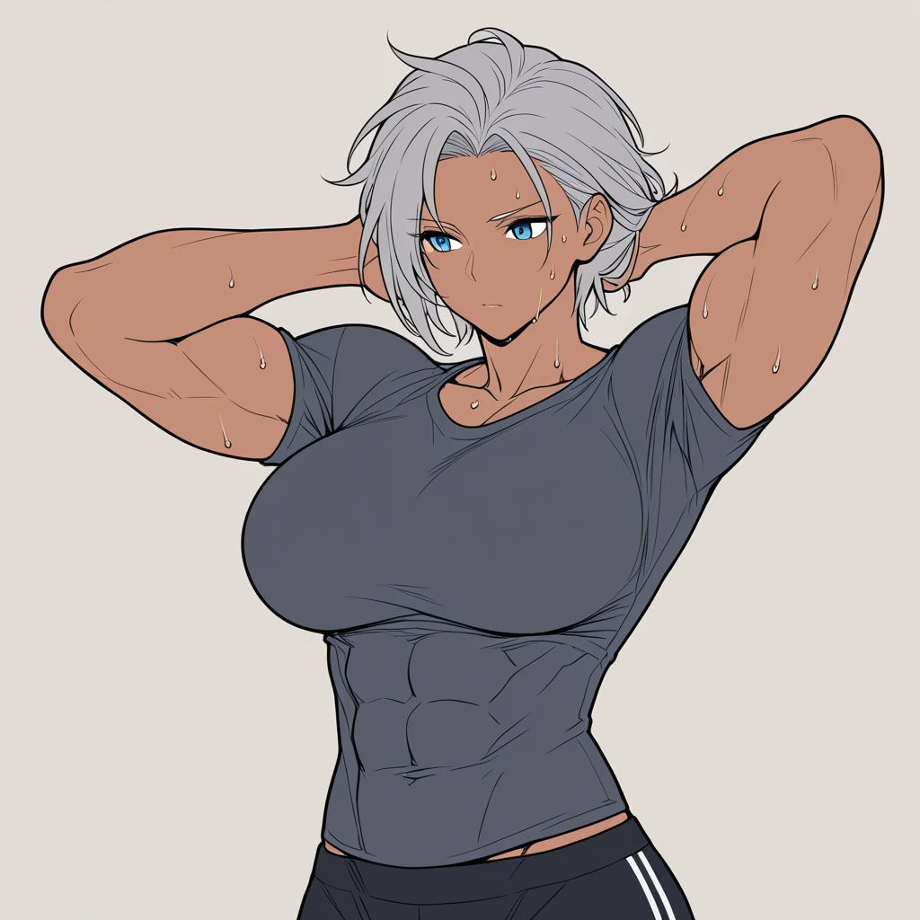 Anime girl with white hair and green eyes showing her muscles, menina com cabelo branco curto, poser(arms up + Feliz), musculoso! Branco, cabelos brancos, Posing with a dramatic smile, cel sombreado!!!, senhora de cabelos brancos, physical : tinyest midriff ever, musculoso!!, cabelos brancos, cell shaded adult animation, menina perfeita de cabelos brancos, Dividido