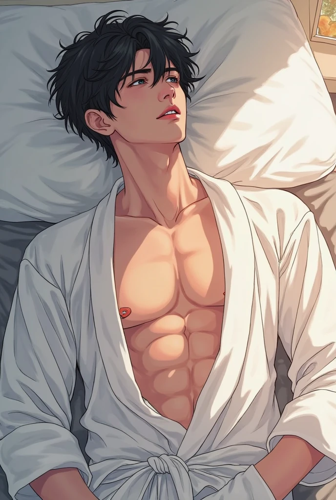 a shirtless sweating 19-year old handsome caucasian male in faded haircut, white underwear, cute, handsome face, six-pack abs, beautiful body, well-defined body, sweating profusely, dripping sweat, drenched with sweat, lying in bed, sleeping in bed, in the bedroom 