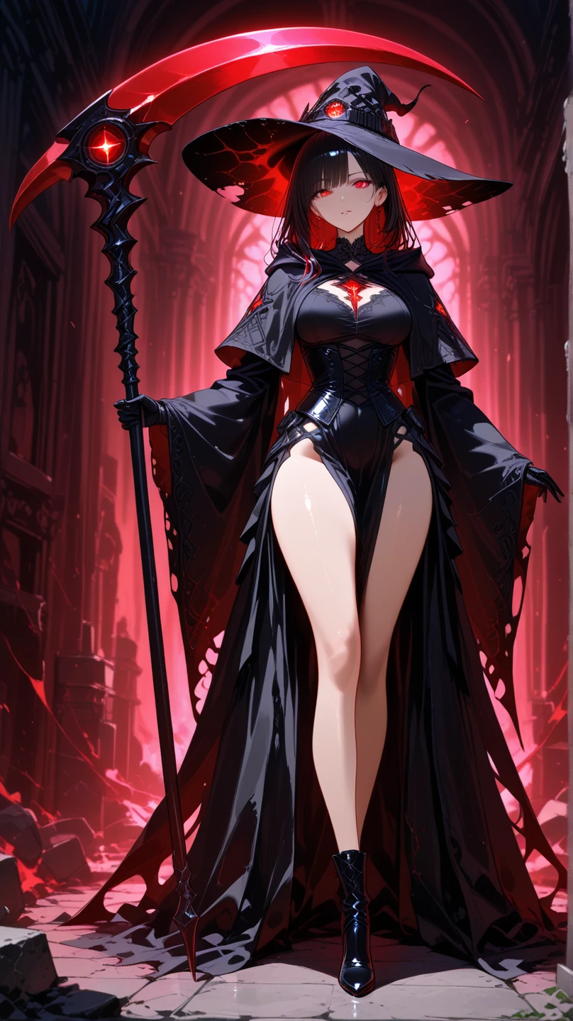 ((sexy evil queen of hell)) ((beautiful face)) ((evil smile)) ((red gloss lipstick)) ((very dark eyeshadows make up)) ((detailed eyes))((big bright yellow eyes)) ((very long messy light redhead hair)) ((sensual lips)) ((huge breast:1.5)) ((wide hips:1.4)) ((perfect slender body torso1.3)) (((wears long dark fantasy black dress with glowing gold ornament, showing pussy))) (((glowing gold crown, goat horns, devil tail, bat like cape))) ((gold jewelry, choker, gold earrings, fishnet stocking)) ((queen posing sexy on hell dark castle balcony, red sky, full moon, at midnight))((evil nagic aura light around her))((high resolution:1.3)), (dynamic shadows)((photorealistic:1.5)) ((masterpiece:1.3)) (8k) (perfect face) ((best quality:1.4)) (perfect hands and eyes)((()))
