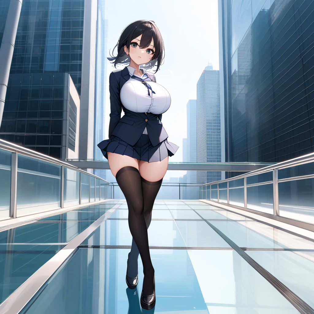 (1 thin girl standing with open thin legs wide:1.4), (open slim thighs:1.3), solo, (naked:1.5), (standing in  glass walled office building :1.5), BREAK, (thin long legs:1.5), (short torso:1.5), (large perky breasts:1.4), (thin waist:1.2), (arms behind back:1.5), BREAK, (show off her vagina for viewer:1.4), vagina squirts out excessive pussy juice, BREAK, (long black thighhighs:1.4), (long necktie:1.2), highheels, (pigeon toed:1.2), BREAK, long silver hair flapping wind, BREAK, smile for viewer, nose blush, open mouth, heavy breathing, BREAK, skyscrapers in distance, BREAK, full body, masterpiece