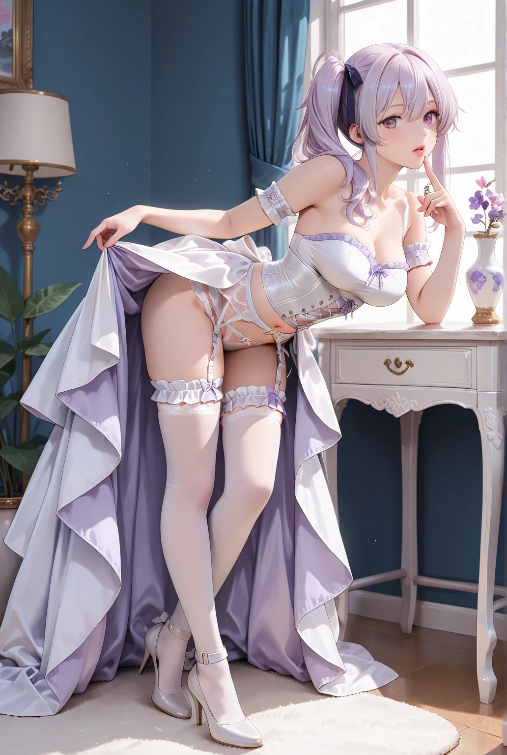 A woman is wearing a maid costume and kneeling on the floor with her hands on her hands., alone, panties, underwear, skirt, (shiny dark pink satin panties:1.3)、panties that cover the butt、garter belt, Liar, Thighhighs, skirt lift, think back, realistic