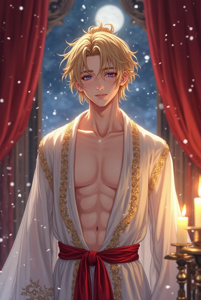 A light-skinned blond man, blue eyes, tender and kind face, is a prince heir to the throne of a kingdom, He lives in the luxurious rooms of an important castle, He is thin but with beautiful muscles, He wears beautiful clothes worthy of a prince and is showing his sexy torso, wears a gold diadem, He is sitting on the edge of his bed while eating fruit from a silver tray.. The atmosphere of the scene is bright.