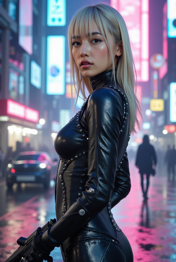 fashion long shot, blond woman in black leather outfit posing for picture in urban setting, girl in leather, cute cyborg girl, closeup shot, perfect sci-fi girl, beautiful cyberpunk woman model, beautiful female, ross tran 8 k, 8k artgerm bokeh, cosplay photo, beautiful girl, beautiful female , beautiful alluring female, ULTRAHD, HYPER REALISTIC