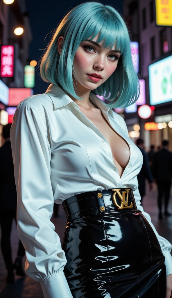 photorealistic, best quality, instagram model, (hyper detailed: 1.4), (((posing:1.5))), liberated, ((medium blue hair:1.4)), brown eyes, Detailed eyes, ((wearing peach dress:1.5)). beautiful european young woman, (Highly detailed face:1.4), exuding a natural glow, soft lightning, cute, (smirk:1.3), cinema view, jaw-dropping beauty, sexy, seductive, vivid colors