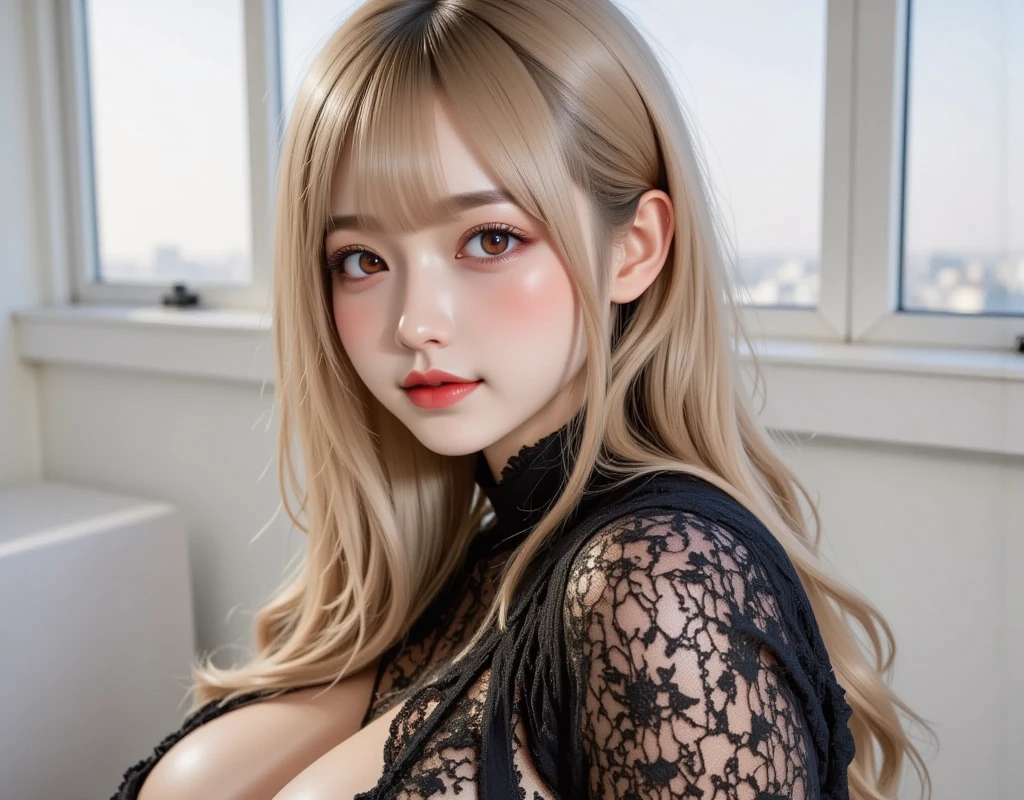 highest qualityr、obra maestra、超A high resolution、(Fotorrealista:1.4)、Foto en bruto、1 chica en、una rubia、cuerpo completo Esbian、pechos grandes y llenos、Escote ultra expuesto、Erotick、Erotic look、Gargantilla、二重まぶた、Permanente suelta y esponjosa、Cabello semi largo、Ropa de estudiante