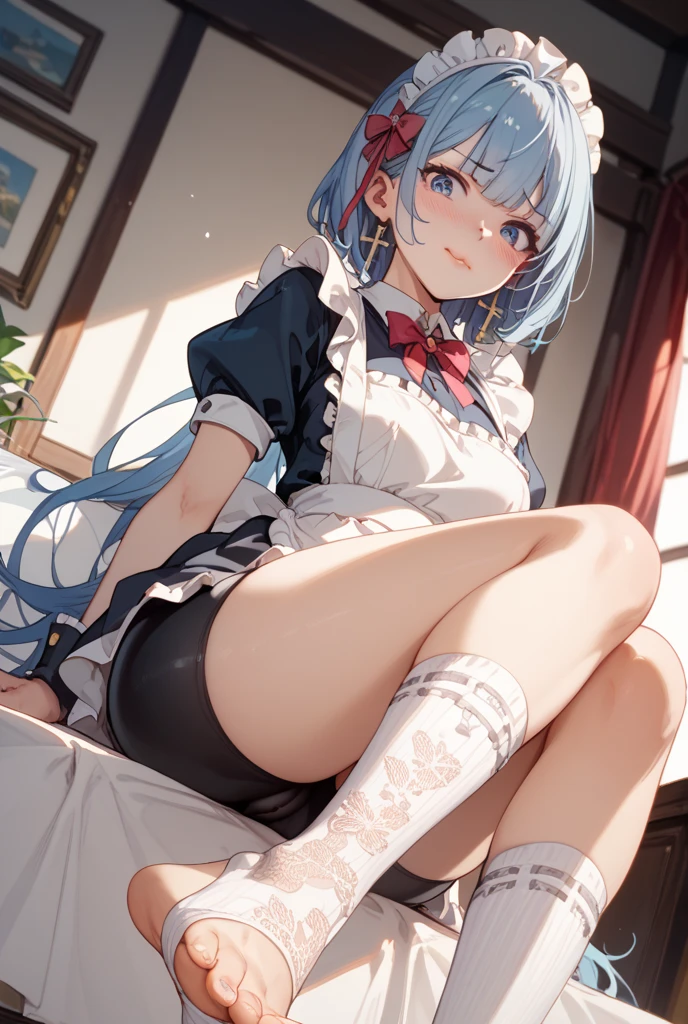 Highest quality, masterpiece,A seductive smile, Flip up the skirt,Spread your legs,Lace panties,French style braid,