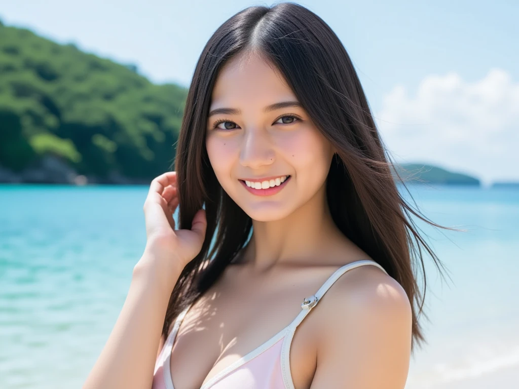 13 year old ??? model、(16k,8k、Best image quality, Best illustrations, Hyperrealistic Photography)、Kids Swimsuit Model:1.55,Japanese idol faces、（Cleavage:1.7）、Wearing a micro bikini:1.7、Shot on a beautiful Tahiti beach with crystal clear water and palm trees:1.7,(highest quality, High resolution, High resolution:1.2), 32k,16k,8k,Hyper Real、Very detailed, Realistic, Intricate details,Cleavage:1.33,No makeup、Professional Lighting、Photo album、Smiling for the camera、Full body photo:1.755