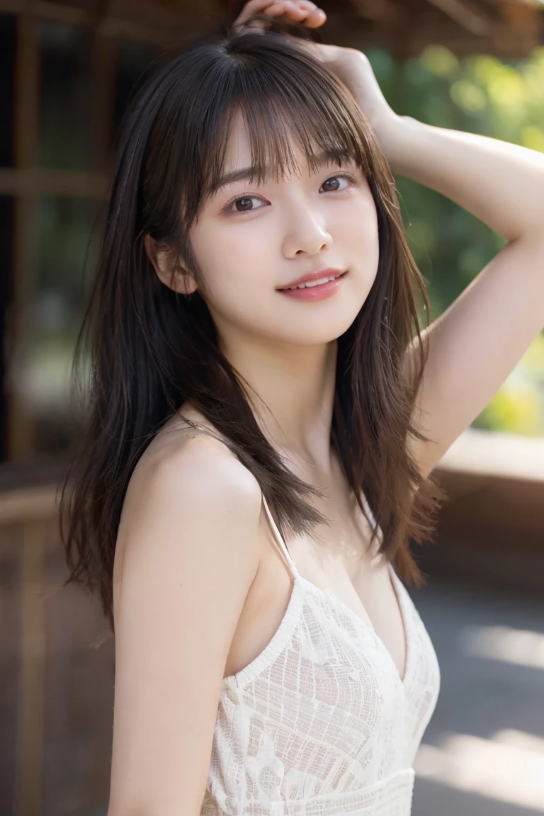 (8k), (highest quality: 1.2), (Realistic), (Realistic: 1.37), Ultra-high resolution, 1 girl, Head to knee photo、cute, smile, Mouth closed, Beautiful details, Beautiful Nose, whole body, Wet Hair, Large Breasts、Saggy breasts、Soft Breasts、Overflowing breasts、Voluptuous thighs、dolly make、Odd Eye、Heterochromia iridis