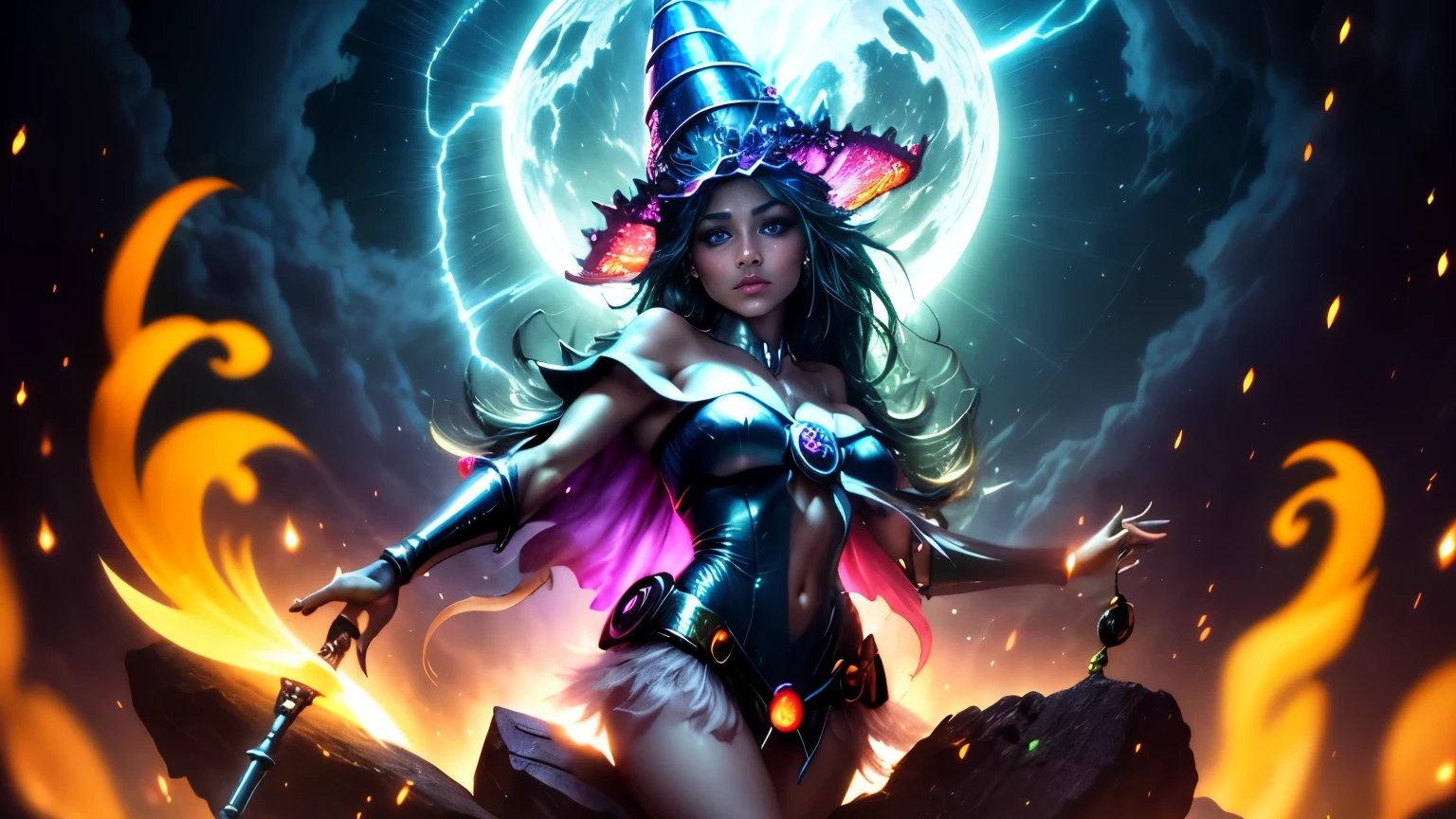 (La mejor calidad,4k,8k,Altas Resoluciones,Obra maestra:1.2),Ultra detallado,(realista,fotorrealista,fotorrealista:1.37), retrato, dark magician gils hechicera, Luz de la luna, kuriboh, Resplandor espeluznante, espeluznante, atmospheric, encantador, Oscuro y encantador, Hora dorada, halloween, mistic, magica, bruja, witchcraft, Fascinante, ethereal, Mystical fog, Misterioso, Obsesionante, Grim figures, Bosque encantador, Hechicero, Moonbeam, Mystical aura, ojos hechizantes, cautivador, de otro mundo, witchcraft, cielo iluminado por la luna, Noche encantada, Guarida de la hechicera, kuriboh embrujada, Silueta iluminada por la luna, mystical powers, Mysterious atmosphere, lanzador de hechizos, Magia a la luz de la luna, inquietantemente hermosa, Encantamiento en el aire, Ethereal Beauty.