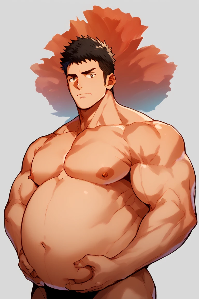 stand、whole body、Ultra-detailed illustrations、Ultra-precise expression、masterpiece、Highest quality、ultra High resolution、High resolution、Hiromitsu Takeda Style、White background、Simple Background、stand、whole body、Completely naked、1 young man、brown、hair over eyes、solo、Vulgar expression、(How:1.2)、Sweat、Black Hair、pubic hair、Extra thick penis、Huge penis、erection、barefoot、Blonde、Big muscles、