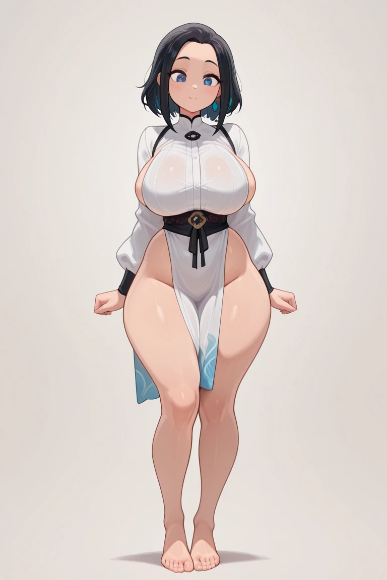 masterpiece, high quality,detailed, Perfect Face,anime,Second Dimension,Black Hair,Short Bob, (Huge breasts:1.4,Exposed breasts,Long chest,Oversized breasts,front,Volume up:1.2, Thick thighs), expensive, Long legs,
View your audience, Tube top,Cropped tops,  belly button,White skin,Smooth and curvaceous, belly button, Thigh straps,White background