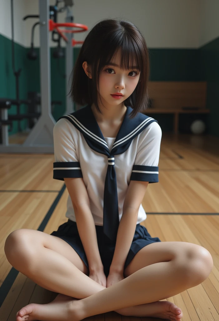 15-year-old female, Gal Makeup、Bust is 72cm, Brown Hair, Waist-length hair, The eyes are large、Raped and crying、The penis is inserted into the vagina, On the mat in the gymnasium warehouse, Sleeping on your back, She is wearing a torn anime-style sailor uniform., The skirt is flipped up、Realistic shaved pussy、A man's cum-covered face、Full body image、Her clothes were rolled up、I can see her 、Giving a blowjob、High resolution
