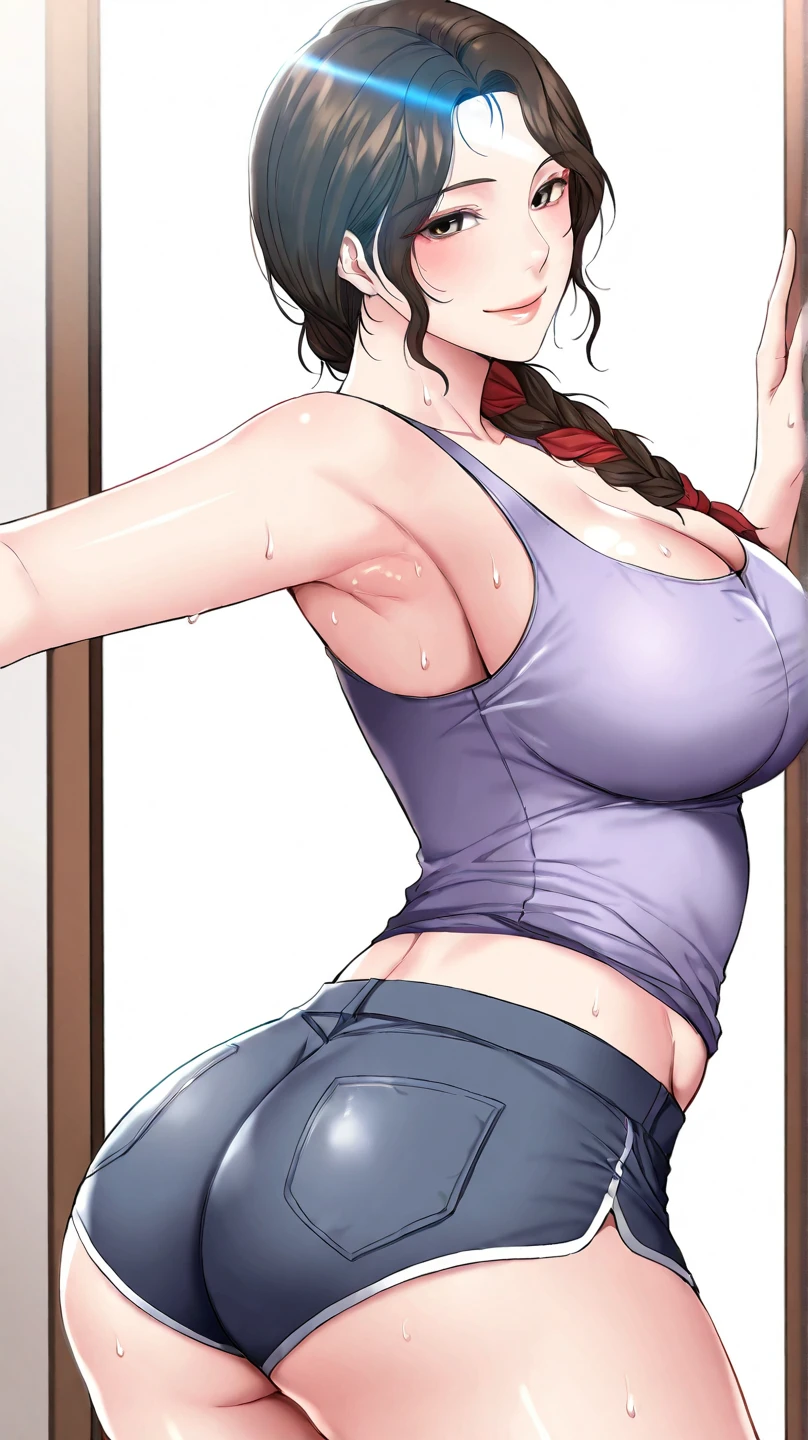 Sakurauchi riko, pink skinny sweet pants, tight gym bra, sweating,sweat drops , (cleavage:0.7),unstyled hair,wet hair,yellow eyes,thicc legs, standing, posing for picture, slightly smile, nipple