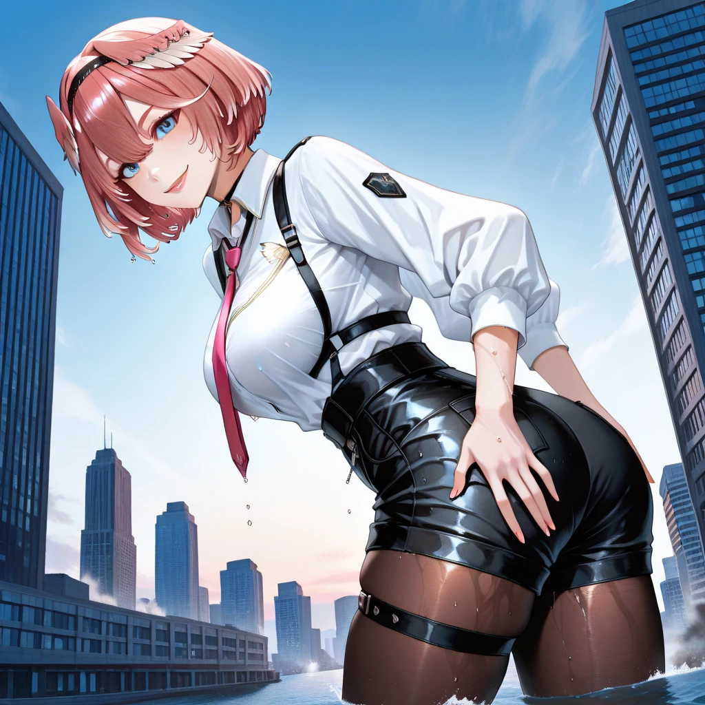 best quality, insanely detailed, nino nakano, breasts, blush, looking at viewer, cheerful eyes, arousal,long sleeve leotard, highleg leotard, athletic leotard, tight leotard, full body, spread legs, roof top background