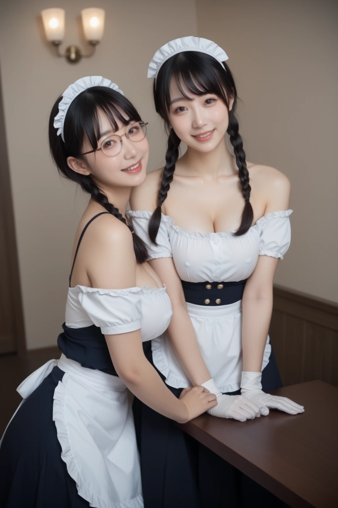 Highest quality、masterpiece、、Very detailed、Realistic、(Two Girls)、(Looking at me with a smile:1.5)、whole body、Small face、(Slender:1.2)、(Big Breasts)、Glasses、(Waitress Uniform)、Braid、Erect nipples、(Anna Miller&#39;s uniform:1.2)、apron、(She spreads her panties with both hands and shows them off.:1.4)