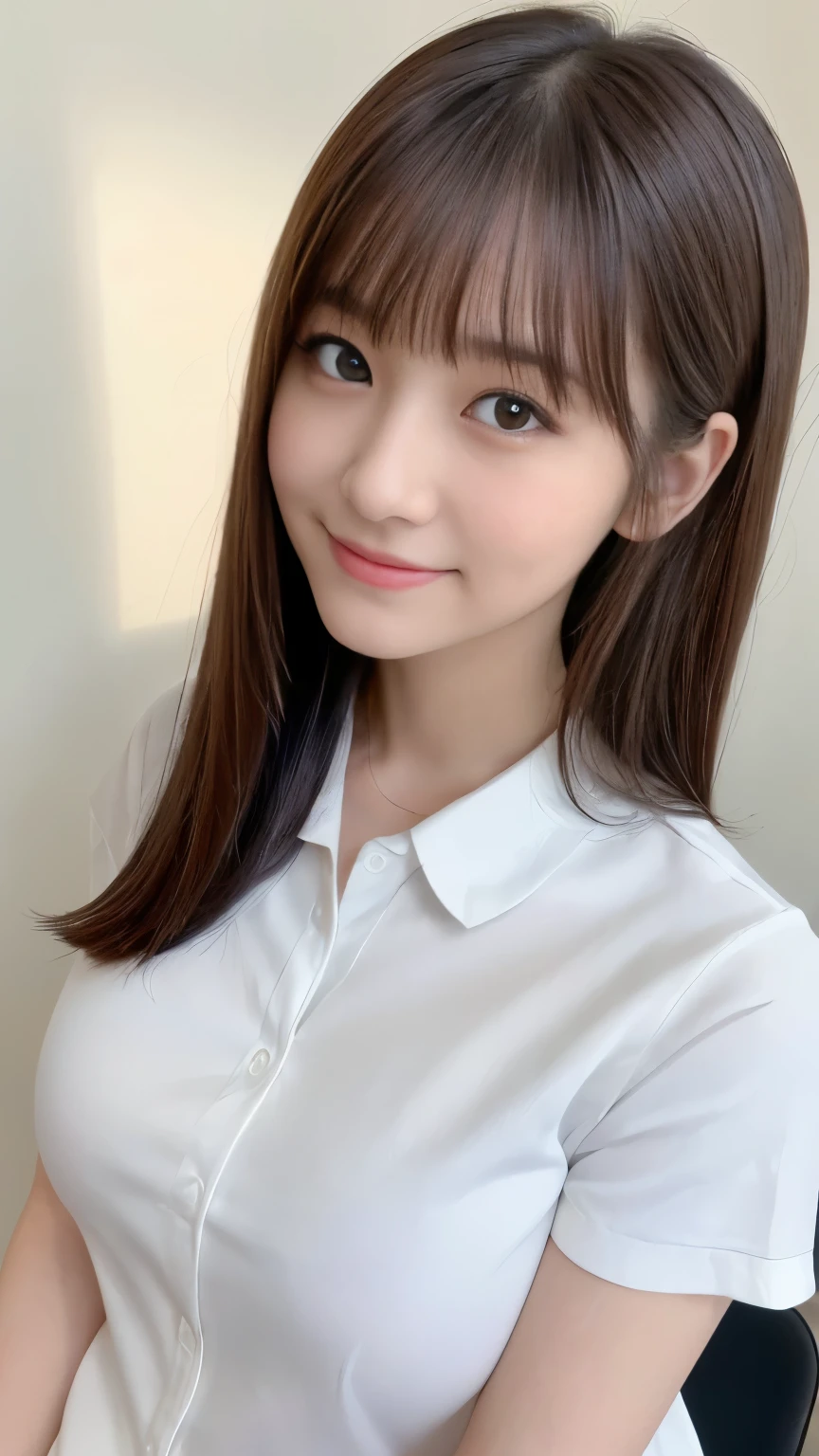 Standing posture、Top quality、Ultra-high resolution、(Photorealistic:1.5)、1 girl、Work clothes、(Long-haired:1.2)、(Large chest:1.2)、indoor、Looking at the audience、close up、Full Body Esbian、big eyes、Oval face,Smile,A reddish complexion in white