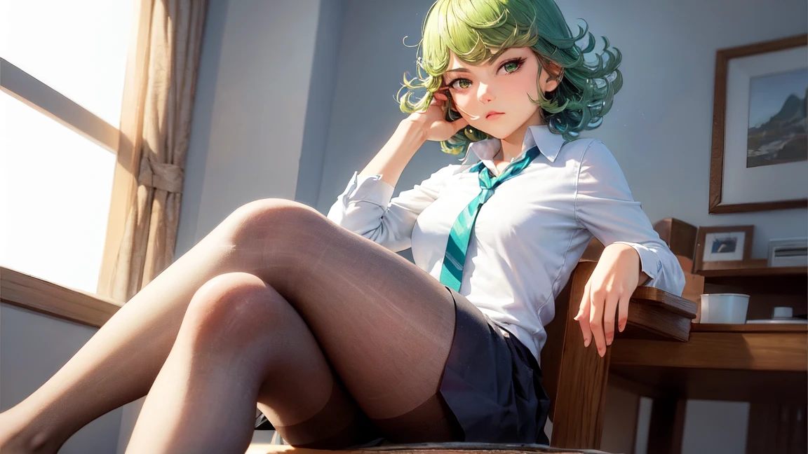 (masterpiece, best quality:1.2), solo, 1girl, tatsumaki, unamused, closed mouth, looking at viewer, hand on own face, sitting, crossed legs, collared shirt, necktie, skirt, pantyhose