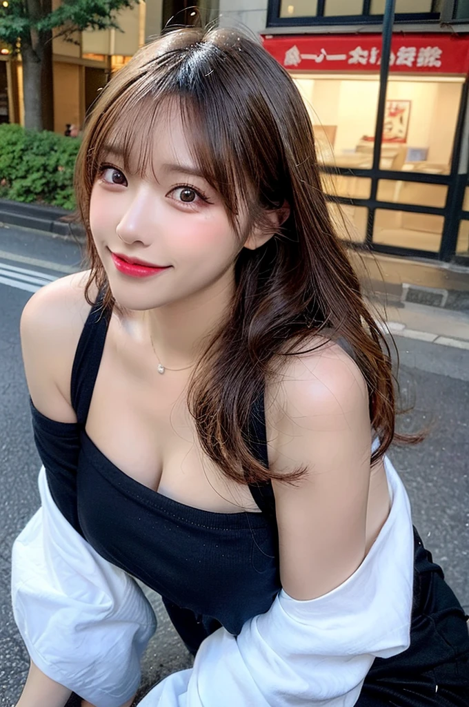 highest quality, shape, Very detailed, finely, High resolution, 8k wallpaper, Perfect dynamic shape, Beautiful and detailed, Summer clothes,Medium Hair,Natural color lip,smile,20-year-old girl、Midnight、Beautiful and elaborate face、Perfect and beautiful face、Slim face and figure,spread your arms wide,Big eyes,Take a photo with your face raised from below your knees、Small face、Beautifully detailed face、Perfect and beautiful double eyelids、Big cleavage、Long, slender legs、One Woman、gravure、Skinny jeans、Watching the audience、Run