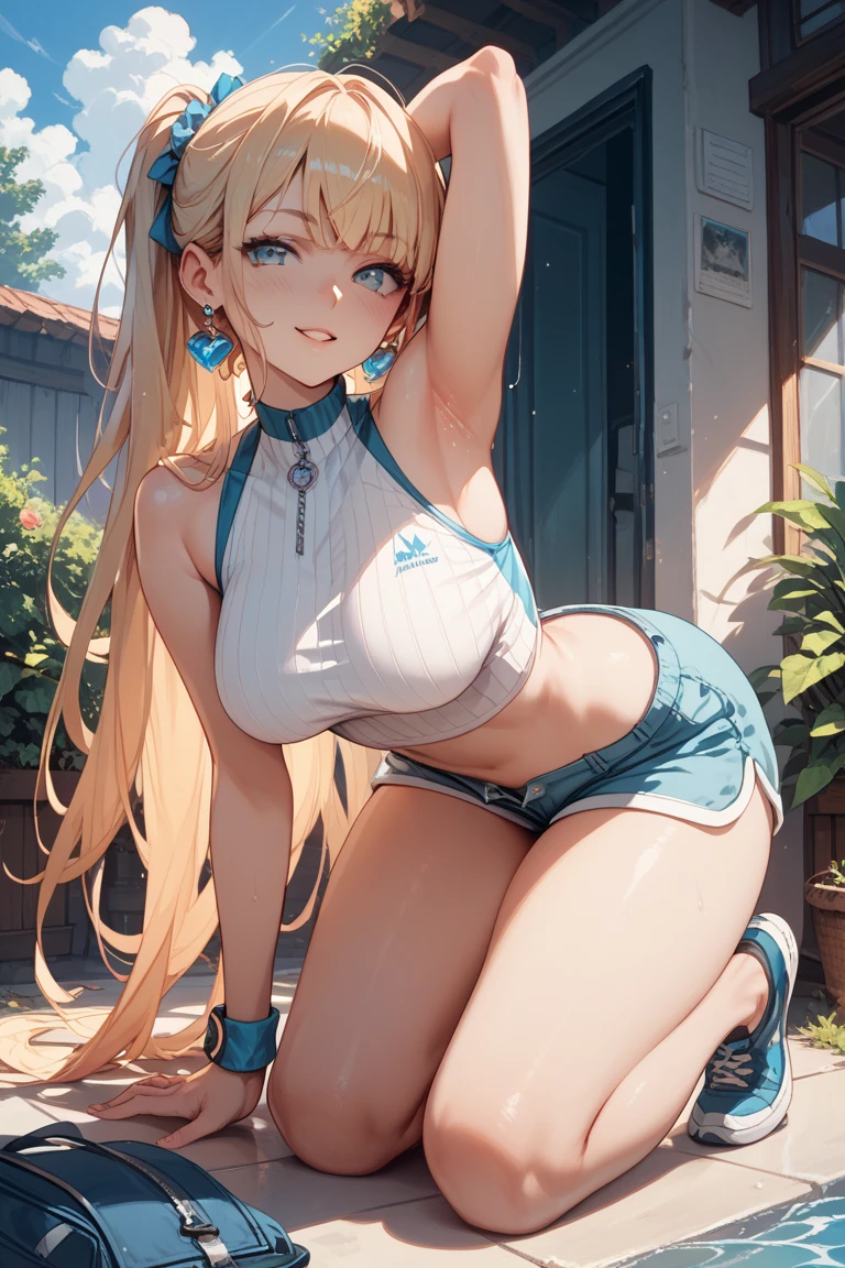 (((best quality))), ((ultra-detailed)), (((masterpiece))), (illustration), ((an extremely delicate and beautiful)), ((super detail)), ((high resolution)), (((20 years old))), ((metallic cloth)), (cheerleader), (super heroine), (android), delicate metal decorations, gleaming skin, shiny body, two legs, breast focus, (((tall))), slender legs, ((big round eyes)), cute eyes, drooping eyes, ((adult)), two hands, five fingers, no extra hands, elegant smile, braid, ((metallic blue)), (see-through), (dark pink), (moth green), (((((ultimate humongous breasts))))), (shining brightly), outdoor, daytime, ((biopunk)), (hair shorter than shoulder), (medium length hair), gynoid, (metallic shining cheerleader uniform), city, ((midriff-baring outfit)), (spread legs), camel toe, sit with legs stretched out, nsfw, ((((female masturbation)))), flood of pussy juice, (right hand on the clitoris and left hand on the breast), (deep plunging neck cheerleader uniform), (bare top), ((ultimate gigantic breasts)), (((slender body))), ((skinny legs)),