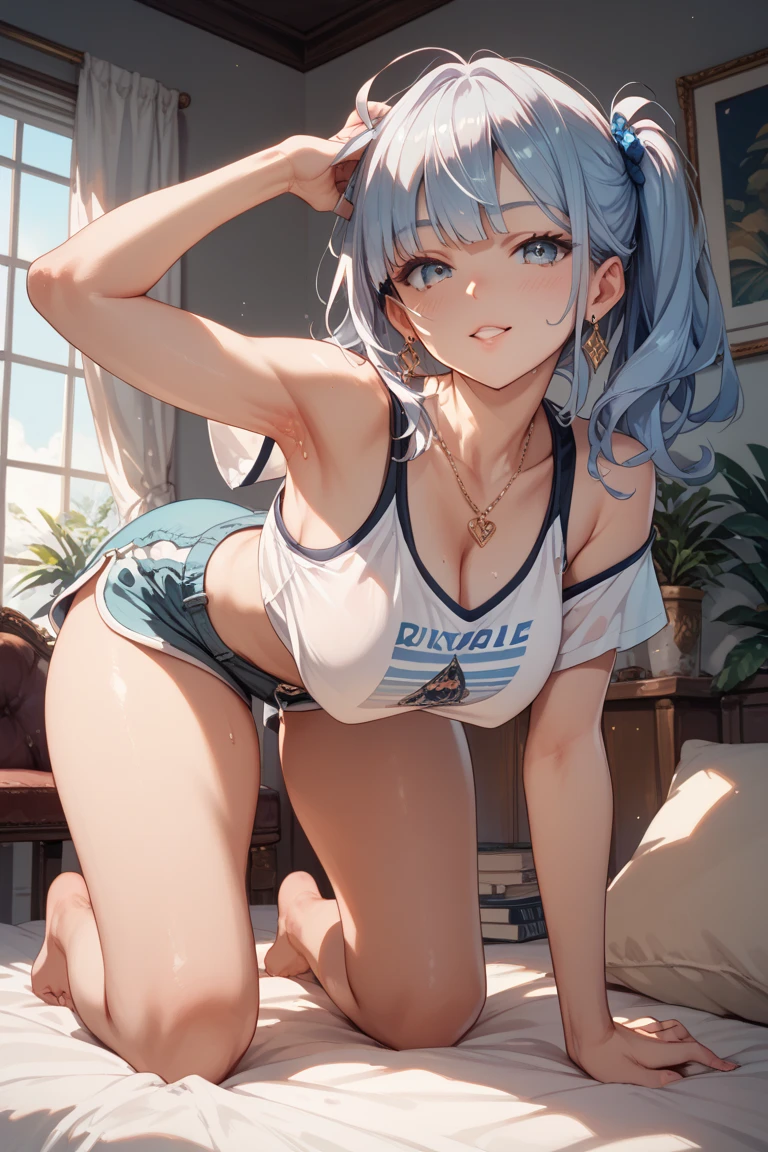 1 girl(1:2)、Age 25、universe、Volumetric Light, Ray Tracing, Very detailed CG Unity 8k wallpaper, Remlin, Hair above one eye, Light blue hair between the eyes、short hair、Light blue hair(1:2)、Seductive pose,Beautiful crystal eyes(1:1)、About image quality, priority (highest quality, 4K, 8k, High resolution, Bodyline 1.2), Very detailed, and (Realistic, Realistic, Realistic:1.37) ,Yoga poses.Ultra-fine painting, Sharp focus, Physically Based Rendering, Extremely detailed, Professional, Bright colors,、Light blue bikini(1:2)、White shirt with a little sheer feel、Plump thighs