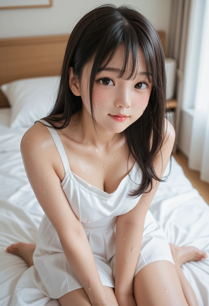 Bathrobes,(open mouth:1.5),(tongue out:2),lying,hand between legs,overhead shot,front view,face focus,(1girl,Beautiful 14 year old girl,teenager),((Slender,Small breasts,Small face,)),(looking at viewer),Black Hair,bangs,one side up,Beautiful and detailed,(Dimly lit room:1.5),White bed,pillow,Mischievous smile