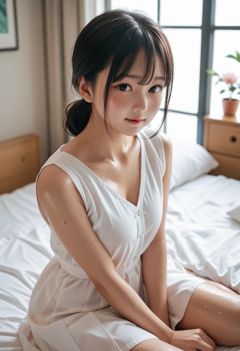 Modern room with night view、quiet time at night、Beautiful woman resting in a sophisticated white room、Look down, Close your eyes and smile、slightly open lips、short-haired、Beautiful Japanese actress nightwear、(realisitic、フォトrealisitic)、Beautiful Japan actress、short-haired、sakimichan、cinematric light， realisticlying， best qualtiy， Complex CG，Highly detailed face，High detail eyes，