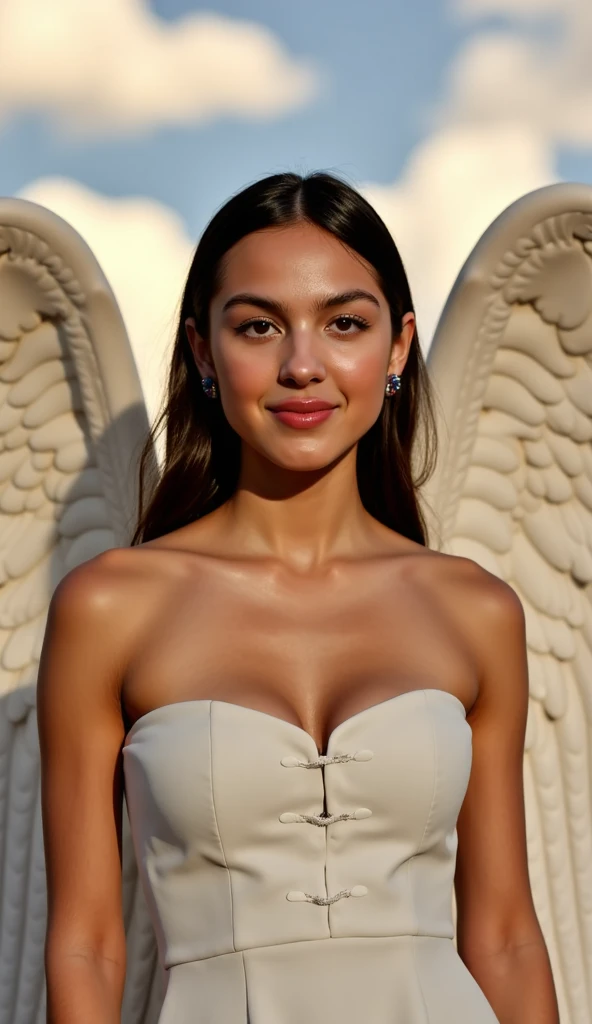 direct eye contact scenic professional photograph of RAW photo, photorealistic, [:intricate details:0.3], a woman with angel wings and indian traditional clothes is posing for a picture, concept art, inspired by Karol Bak, hot toys, sydney sweeney, gif, cleavagewith brown hair, Ultra-realistic skin,cute smile with visible teeth,red lipstick detailed skin, (like a plus size:1.1), (beautiful round shape breasts:1.1), (big ass:1.1), ( white, red, blue, color saree with blouse), 1girl, graceful body structure, from front, looking at viewer, direct gaze, face is looking at the camera, anaphase, in outdoor jammu town city, natural color, perfect viewpoint, highly detailed, wide-angle lens, hyper realistic, with dramatic sky, polarizing filter, natural lighting, vivid colors, everything in sharp focus, HDR, UHD, K Photorealistic, Hyperrealistic, Hyperdetailed, analog style, Ultra-realistic skin, detailed skin, matte skin, soft lighting, subsurface scattering, realistic, heavy shadow, masterpiece, best quality, ultra realistic, 8k, golden ratio, Intricate, High Detail, film photography, soft focus