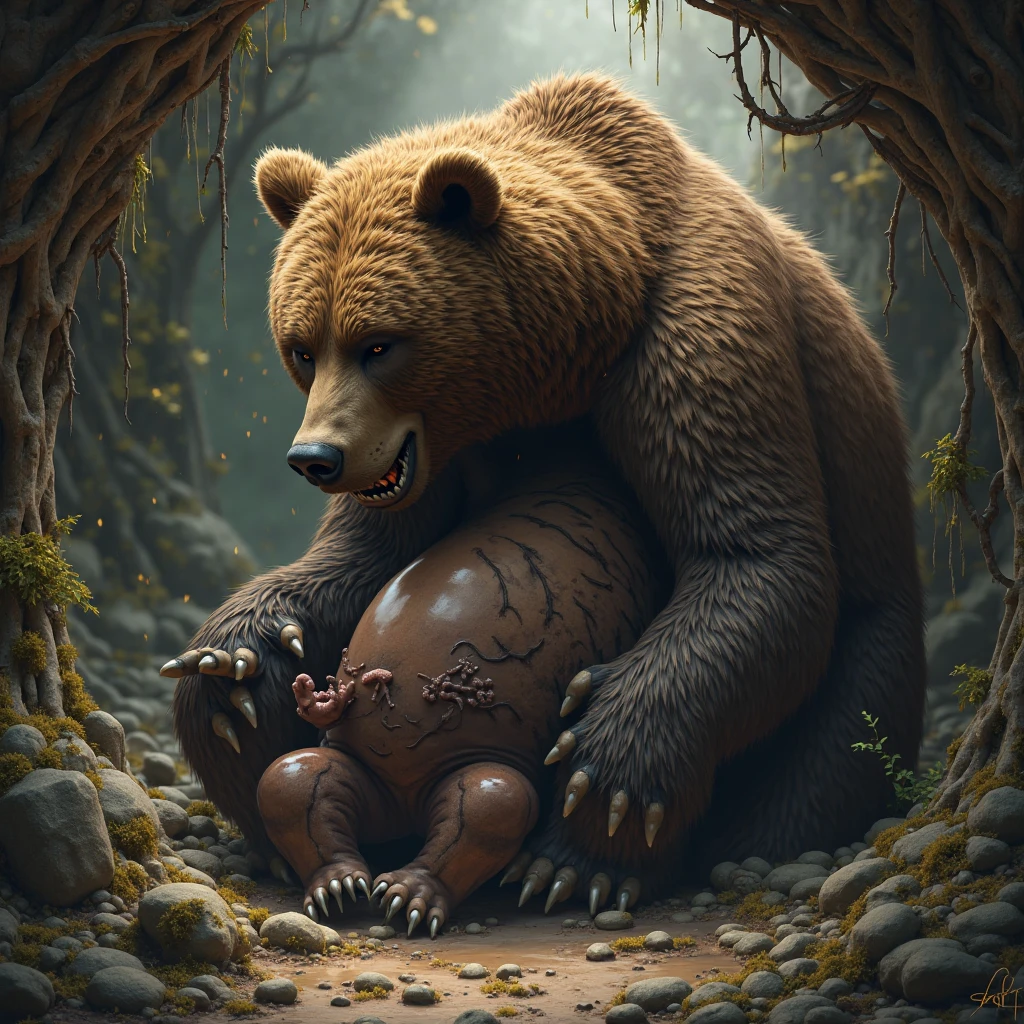 A hyper realistic, ultra detailed image, ((((((human lying on back, women, scat oral, vaginal scat, rimjob, legs up)))))), ((((nude, side view, feral, women on feral bear, human head, bear pussy, bear tail, crouching, human women, duo))))), realistic, detailed background, (((((duo, bear pussy, women, feral bear, bear tail, crouching, excessive urine, scat on stomach, excessive anal scat)))))