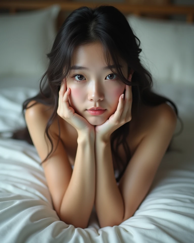 A Japanese woman with normal tits and a medium sized ass, well profiled pretty, with green eyes, Naked showing everything and open legs touching each other