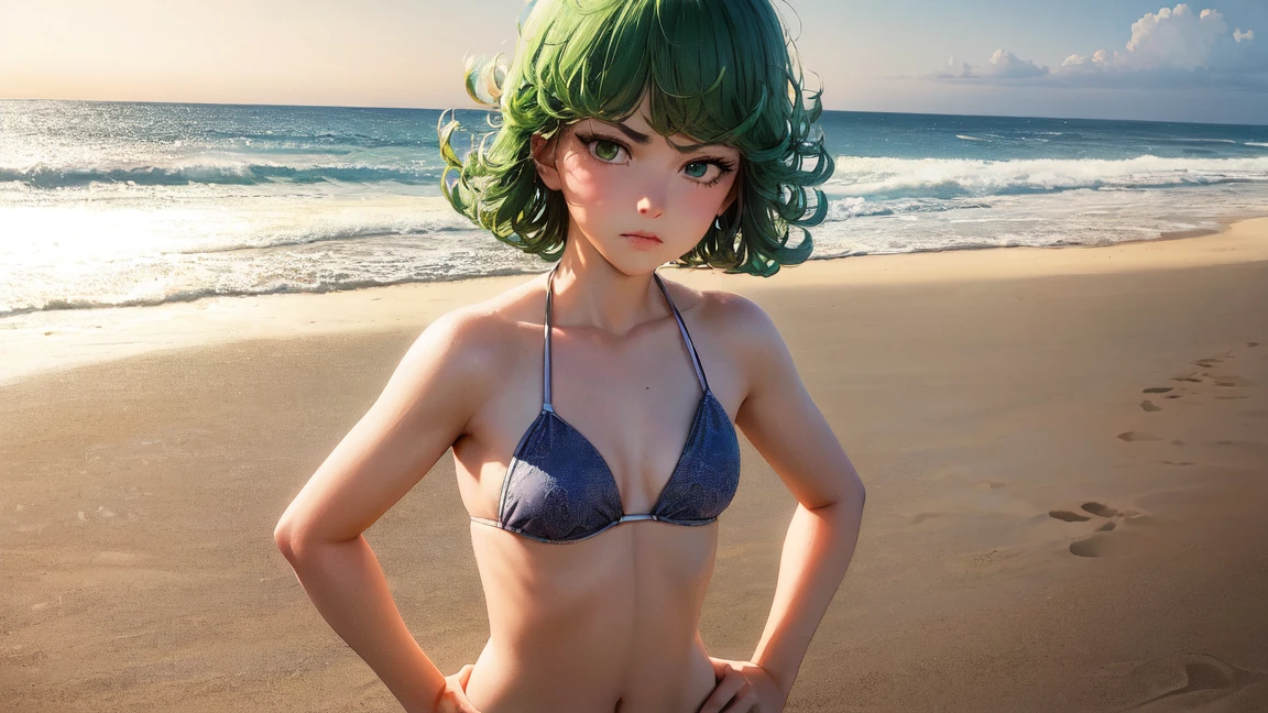 Hot girl, light green hair, yellow eyes, in the beach