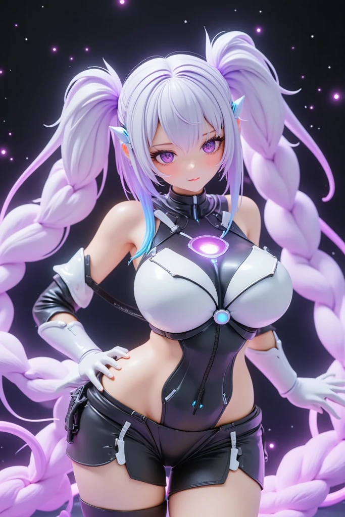 highest quality, 8k, High resolutionアート, High resolution, Super detailed, Very detailed, Cyberspace、(A girl inside a transparent artificial womb)、(Digital connection to a girl from the womb)、(Purple white gradient twin long braided hair:1.2),Cyber Costume, Sci-Fi Costumes, Shine, 、