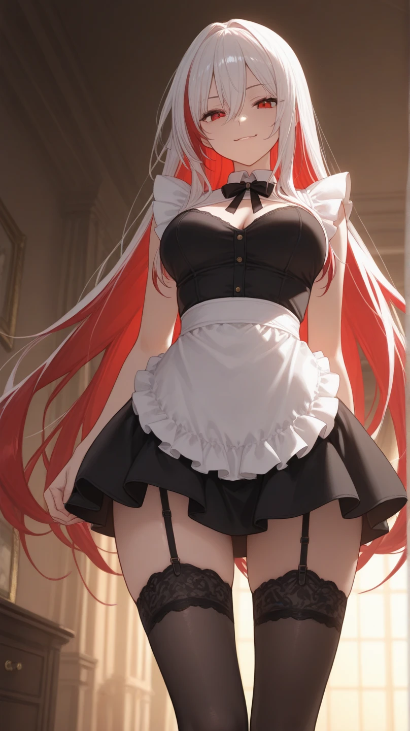 (1girl),(alone),(Full Body Portrait),(with face and body facing fourth wall:1.5),(white skin),(long red hair),(young),(beautiful and super hot),(structured slim 1girl),(alone),(white skin),(long red hair Red eyes),(young),(beautiful and super hot),(slender body structured),(Big Breasts:1.5),(height 1.74cm),(hot ass),(Wearing),+,(\dressed as a maid, and maid's outfit and super revealing on the back, I lowered the short skirt a lot, showing her legs, and a little of her panties, and the part of the apron at the back of the skirt is very low, showing her delicious buttocks, and over the maid uniform it looks like a very short and sexual bra, and she has an ass big and super big breasts, she is super busty and has very big buttocks)/