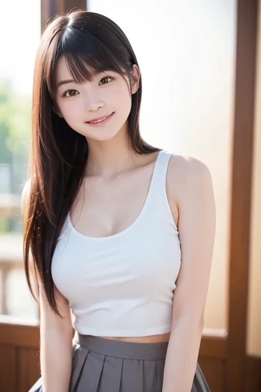 An innocent 20-year-old girl、((White tank top, Dramatic Pose)),smile,shortcut,natural Park、RAW Photos, (8k、highest quality、masterpiece:1.2)、(Intricate details:1.4)、(Photorealistic:1.4)、Octane Rendering、Complex 3D rendering with ultra-detail, Studio Soft Light, Rim Light, Vivid details, Super Detail, Realistic skin texture, Detailed aspect, Beautiful details in the eyes, Highly detailed CG Unity 16k wallpaper, compensate, (Detailed Background:1.2), Glowing Skin, whole body、Cleavage,((Standing with hands behind back、Leaning forward、Angle from above))