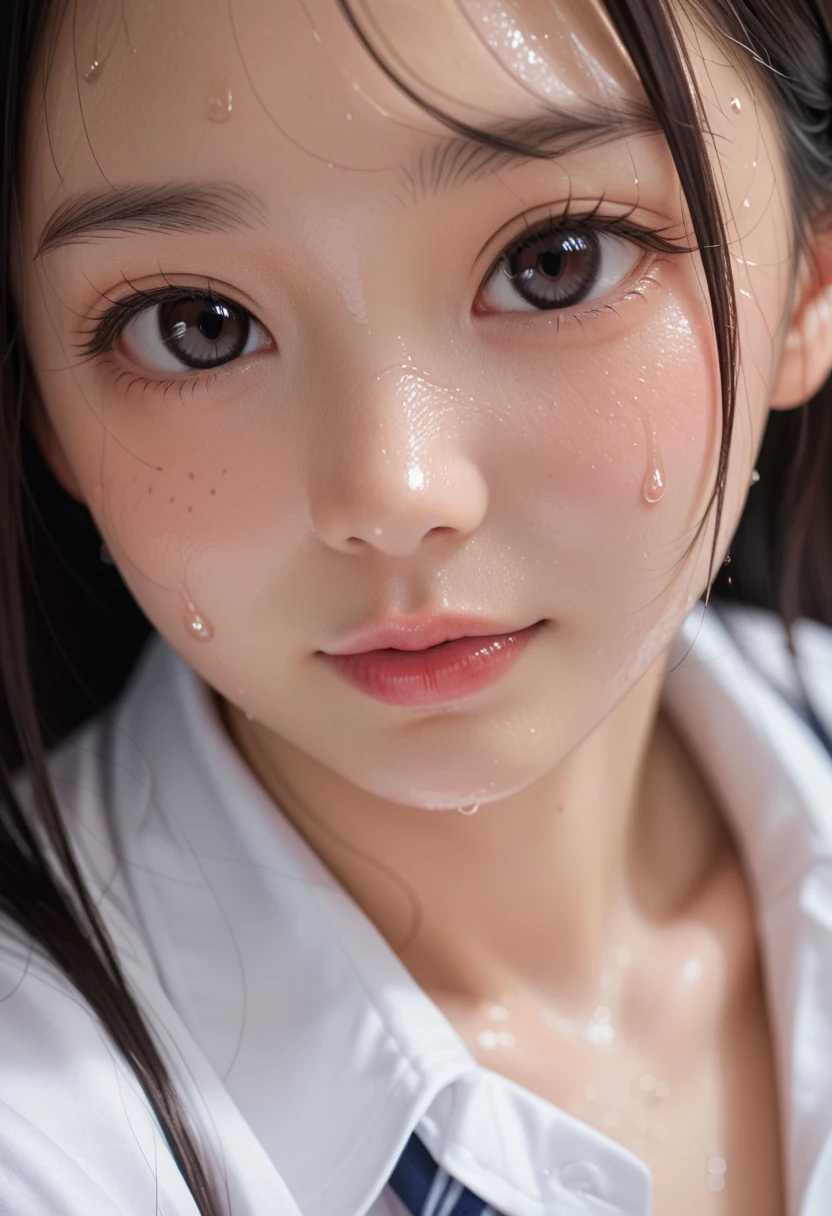 highest quality, Detailed workmanship、high resolution、(8K, High resolution:1.2)、raw photo, photorealistic、slender body shape、high definition face、Face is in focus、high definition eyes、(Focused, symmetrical pupils:1.2)、High-definition and beautiful skin、firm skin、natural makeup、gross lip, High-definition hair texture、masterpiece、japanese woman、high school girl、17 years old、very cute, very short hair break (high school uniform:1.3) break classroom、(very embarrassed:1.3), (blush:1.3), (Sad face:1.3)、(Watery eye:1.1)、Looking up at the camera、I have my mouth slightly open、(cum on face:1.7)、I'm putting my finger on my mouth、(various shooting angles:1.3)、medium breast, nsfw